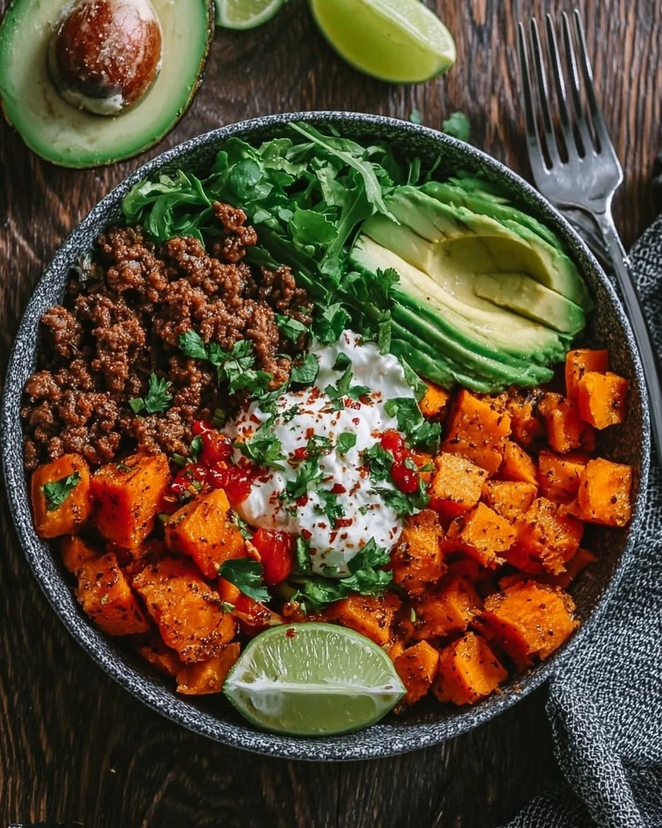 Delicious sweet potato taco bowl topped with fresh ingredients and spices