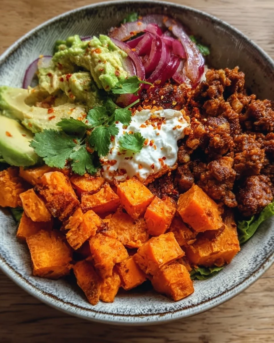 Delicious Sweet Potato Taco Bowl loaded with fresh toppings