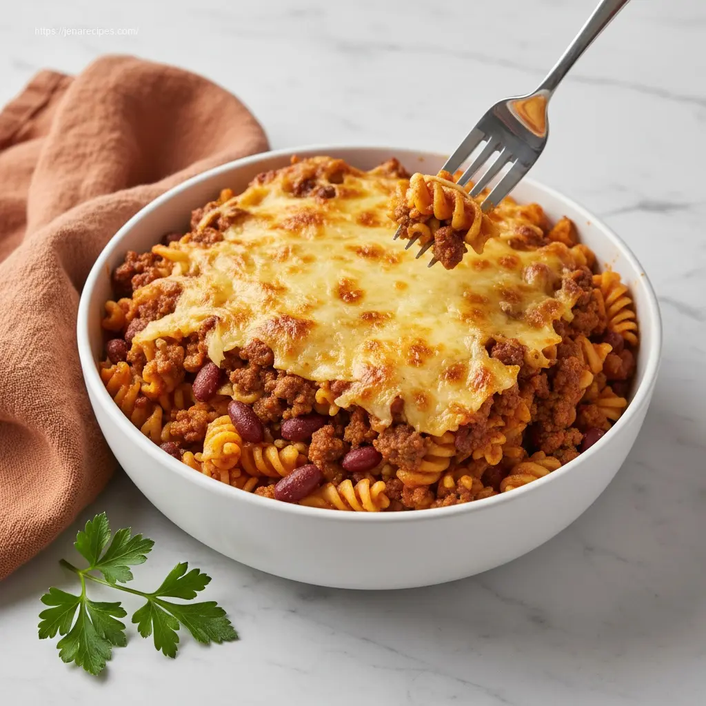Warm Crockpot Taco Casserole with pasta, ready to eat.