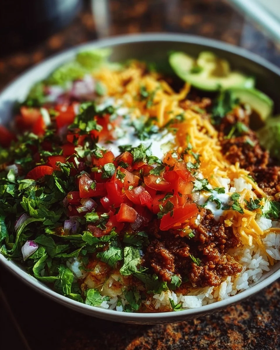 Delicious Taco Rice Bowl with toppings and garnish