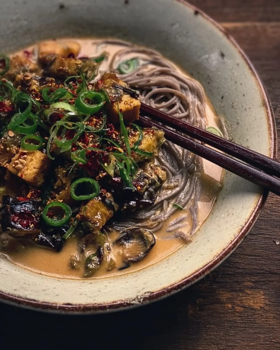 Bowl of Tahini Soba Noodle Soup with Miso Eggplant garnished with herbs