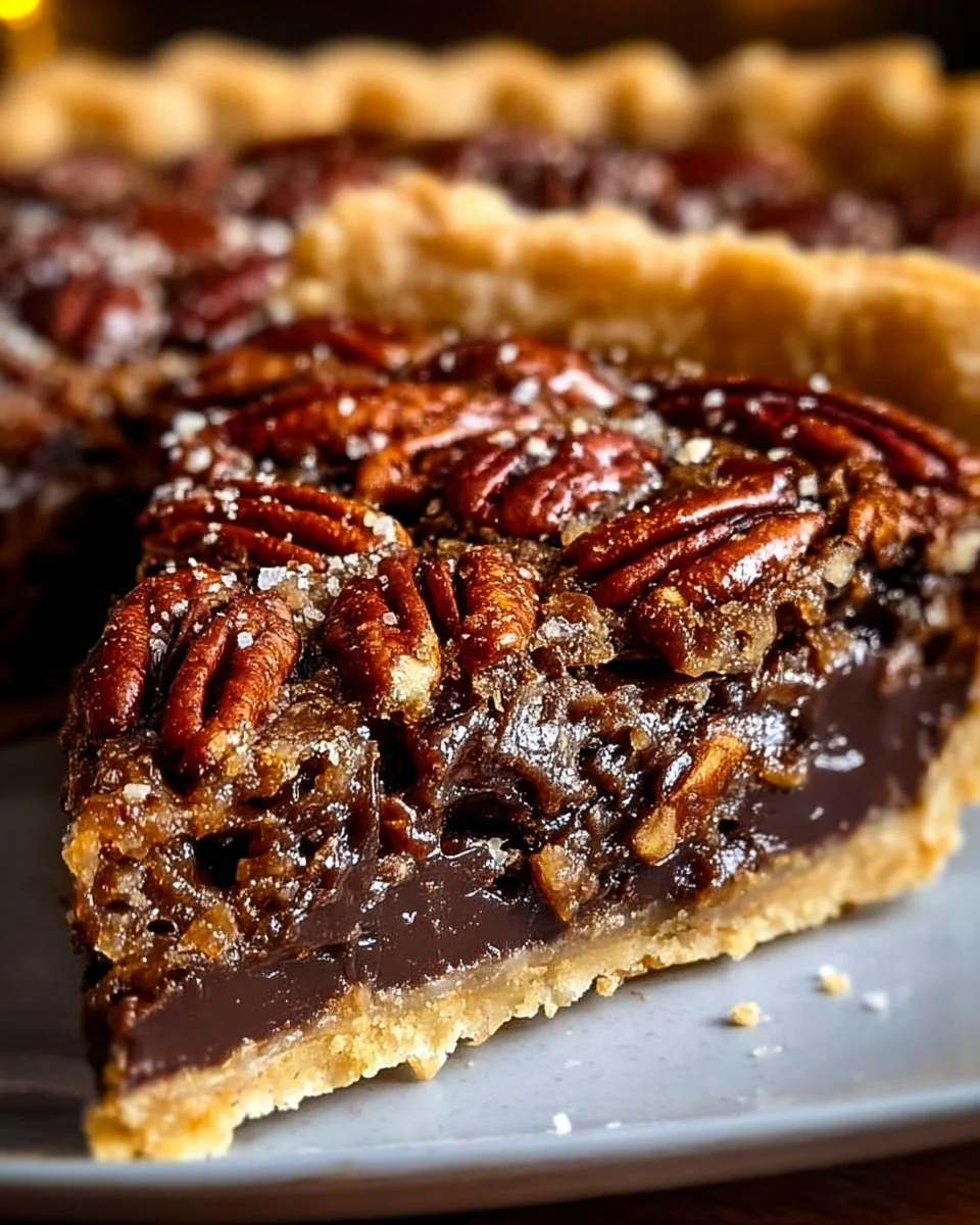 Slice of Texas chocolate pecan pie with pecans and chocolate filling