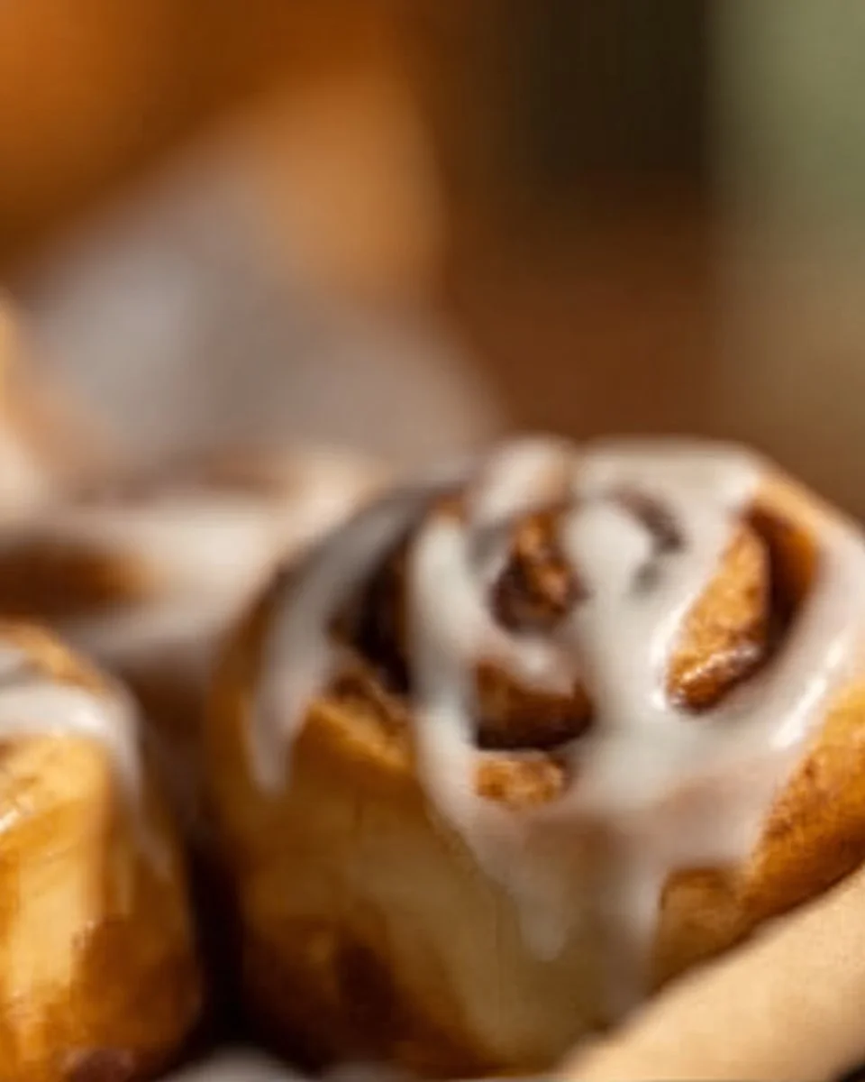 Freshly baked gooey cinnamon rolls with frosting on a wooden table.