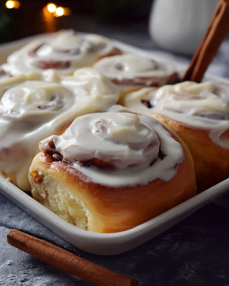 Homemade cinnamon rolls topped with icing on a wooden table.