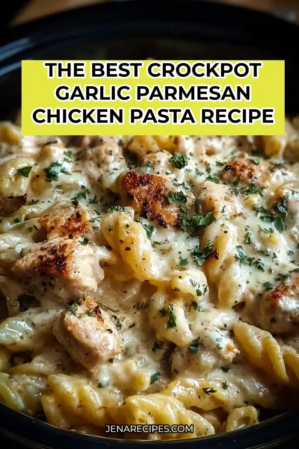 Creamy crockpot garlic parmesan chicken pasta in a bowl