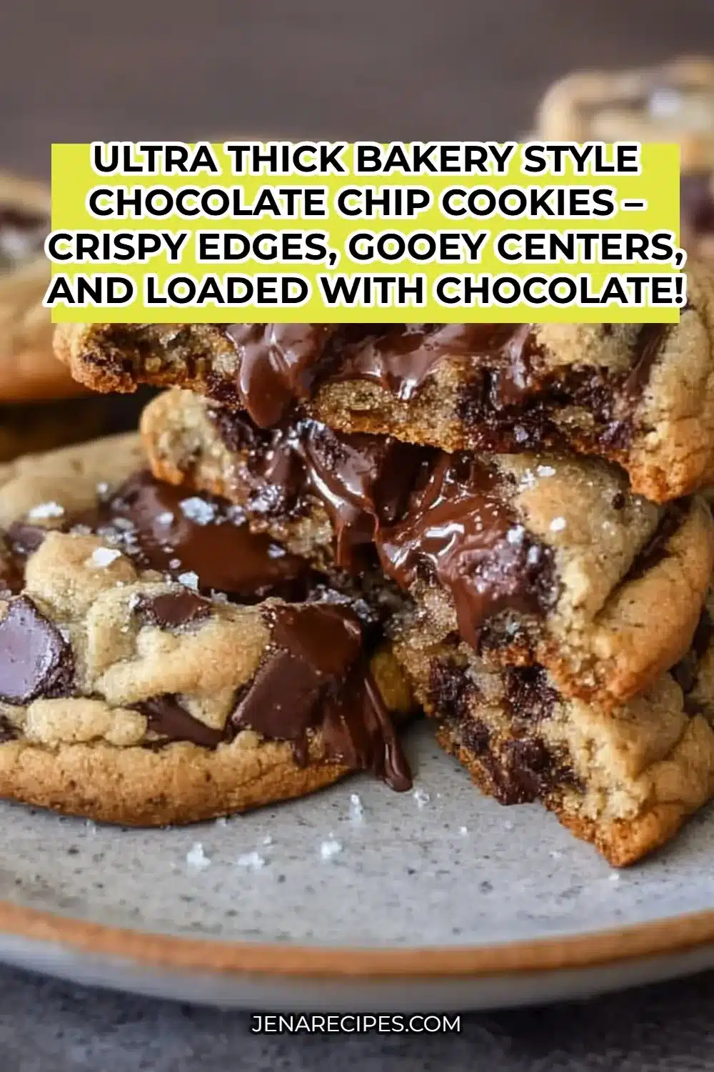Ultra thick bakery style chocolate chip cookies with crispy edges and gooey centers.