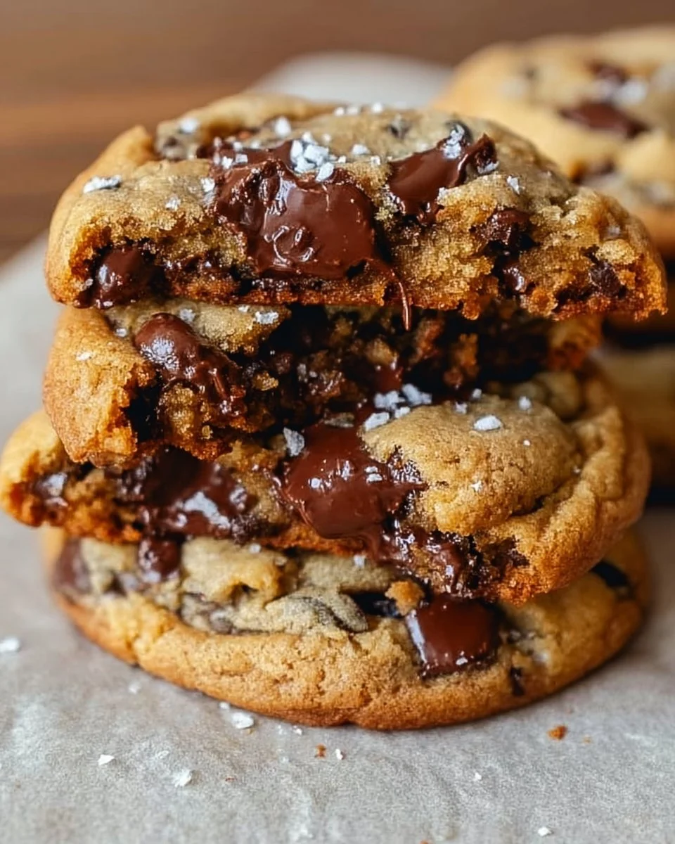 Ultra thick chocolate chip cookies with crispy edges and gooey centers