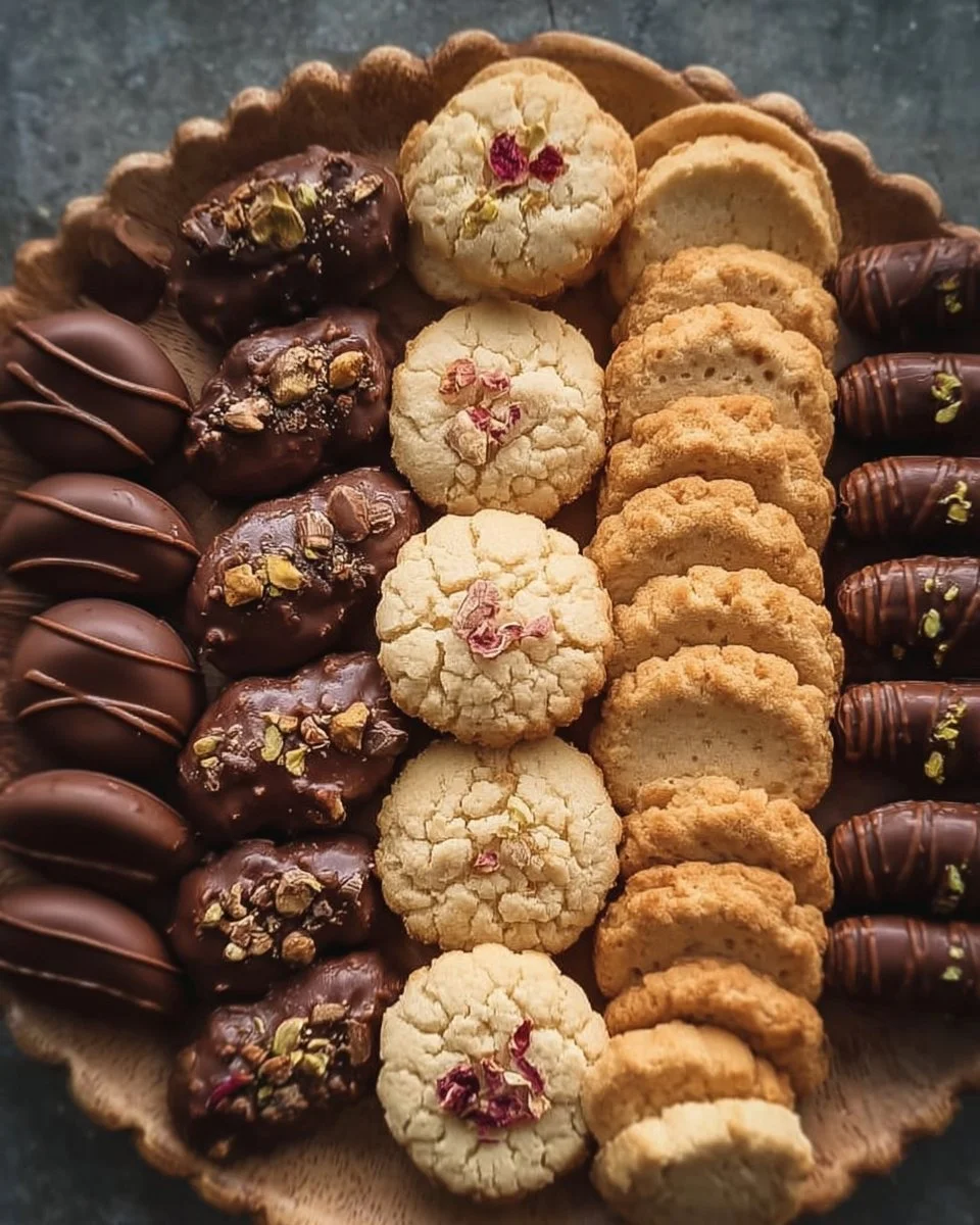 An assortment of cookies arranged on a cookie platter.