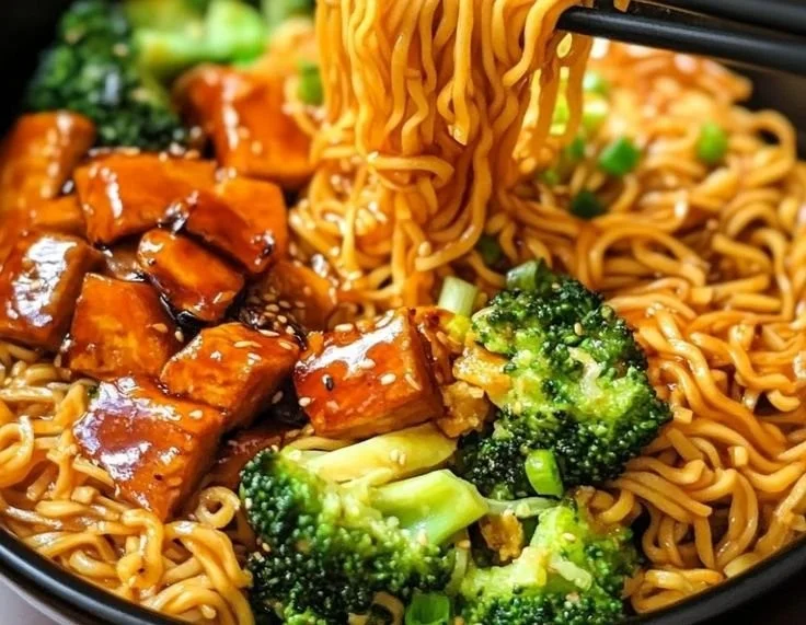 Vegan Teriyaki Noodle Bowl with fresh vegetables and flavorful sauce