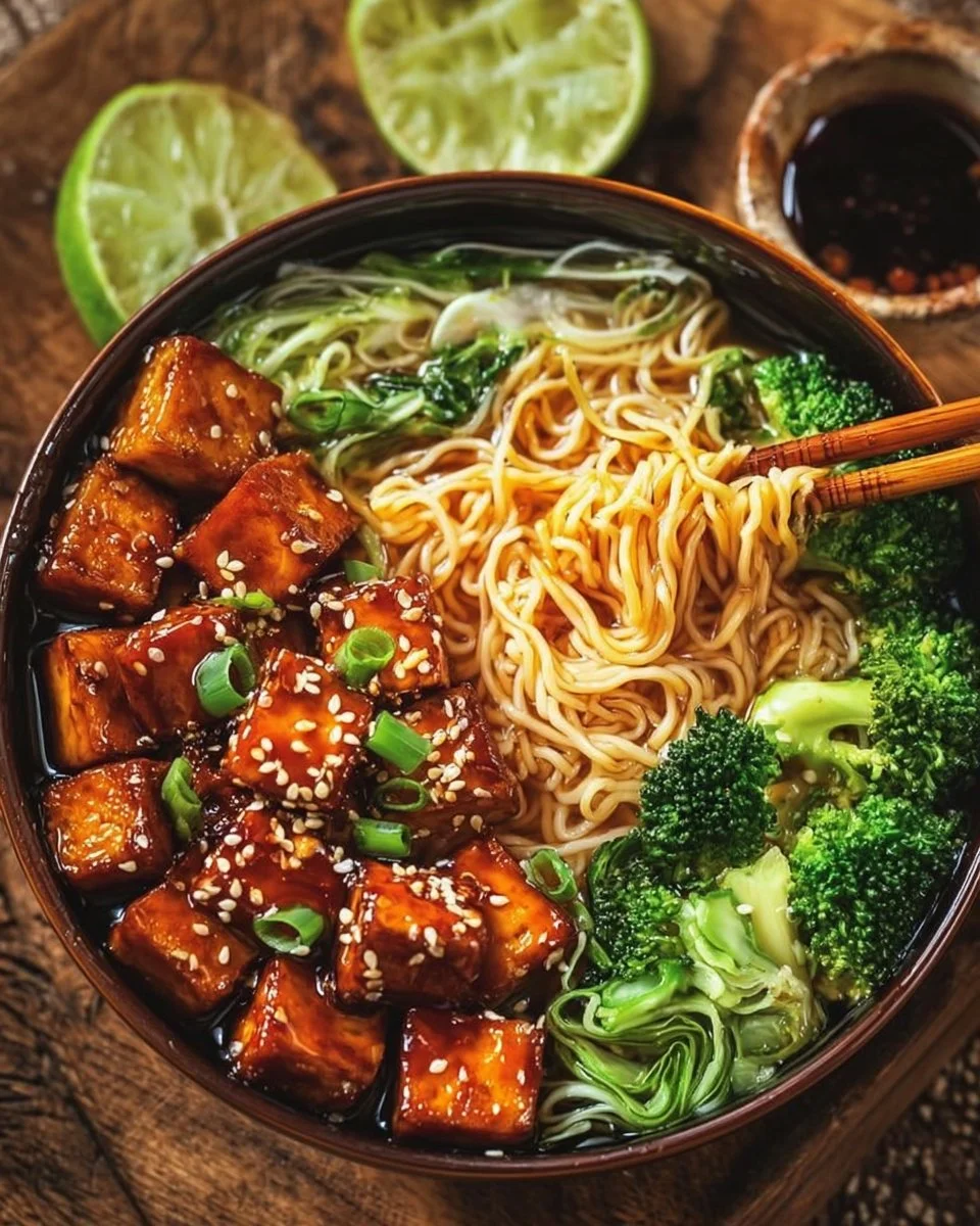 Vegan Teriyaki Noodle Bowl with Crispy Tofu served in a colorful dish
