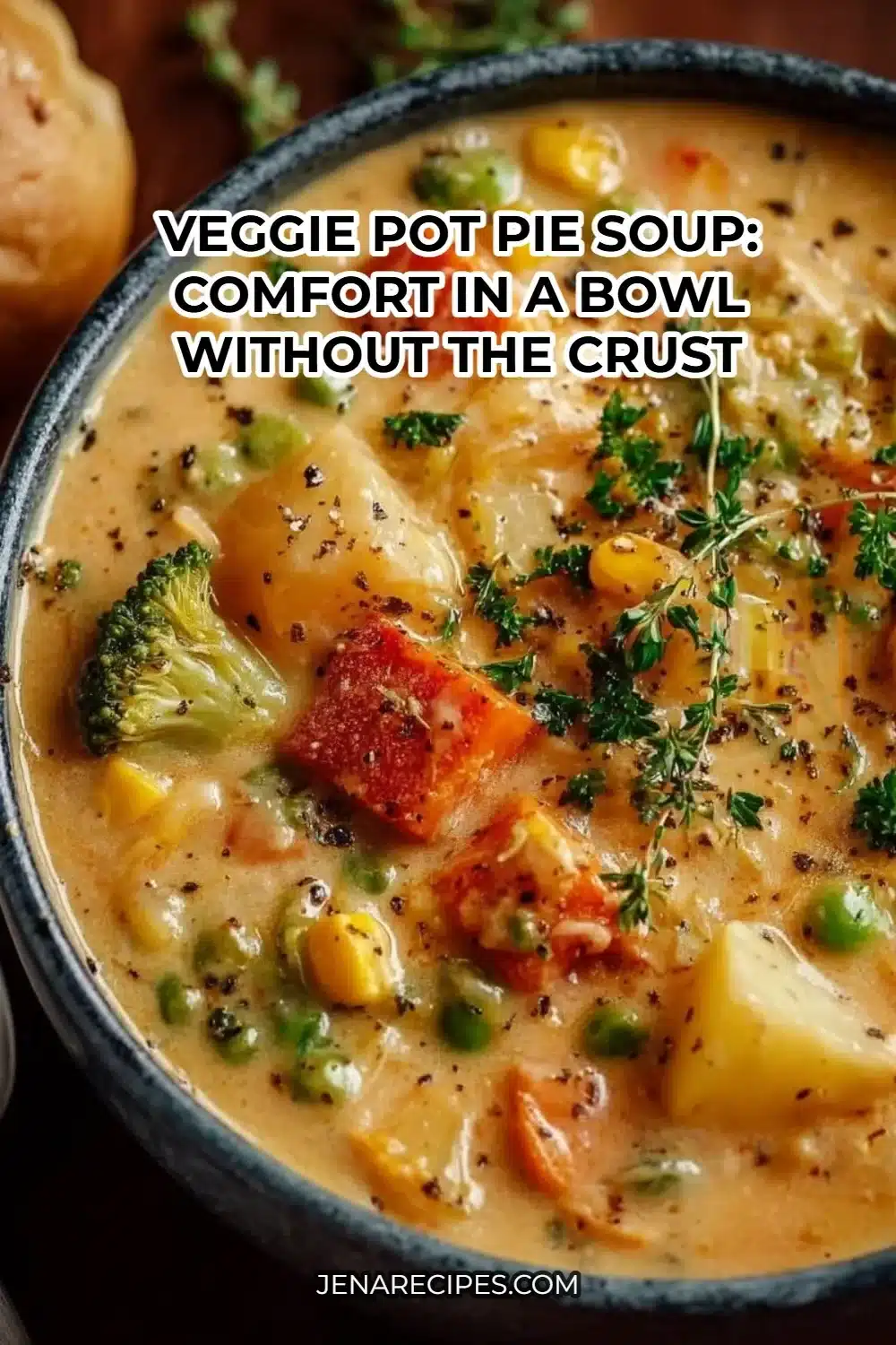 Delicious veggie pot pie soup served in a bowl, garnished with herbs.