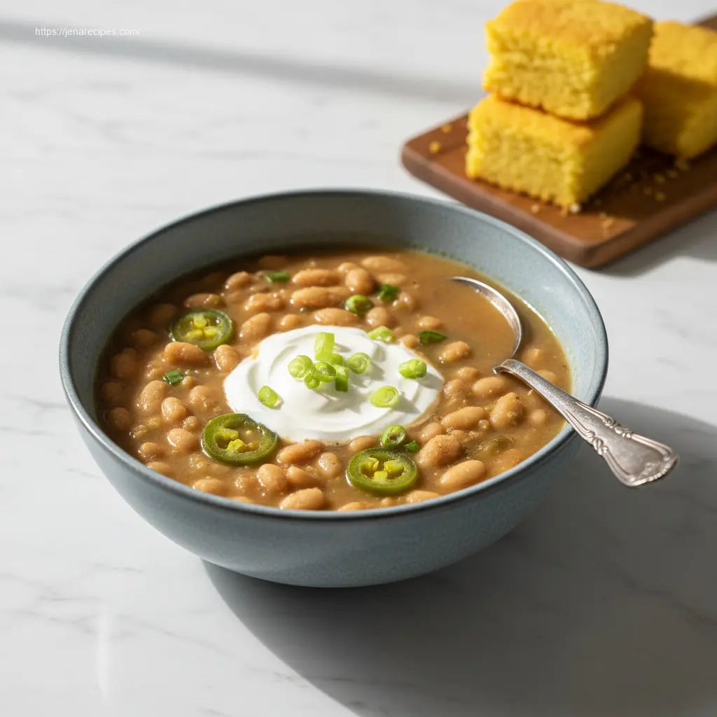 Jalapeño White Bean Chili Soup with sour cream and green onions.