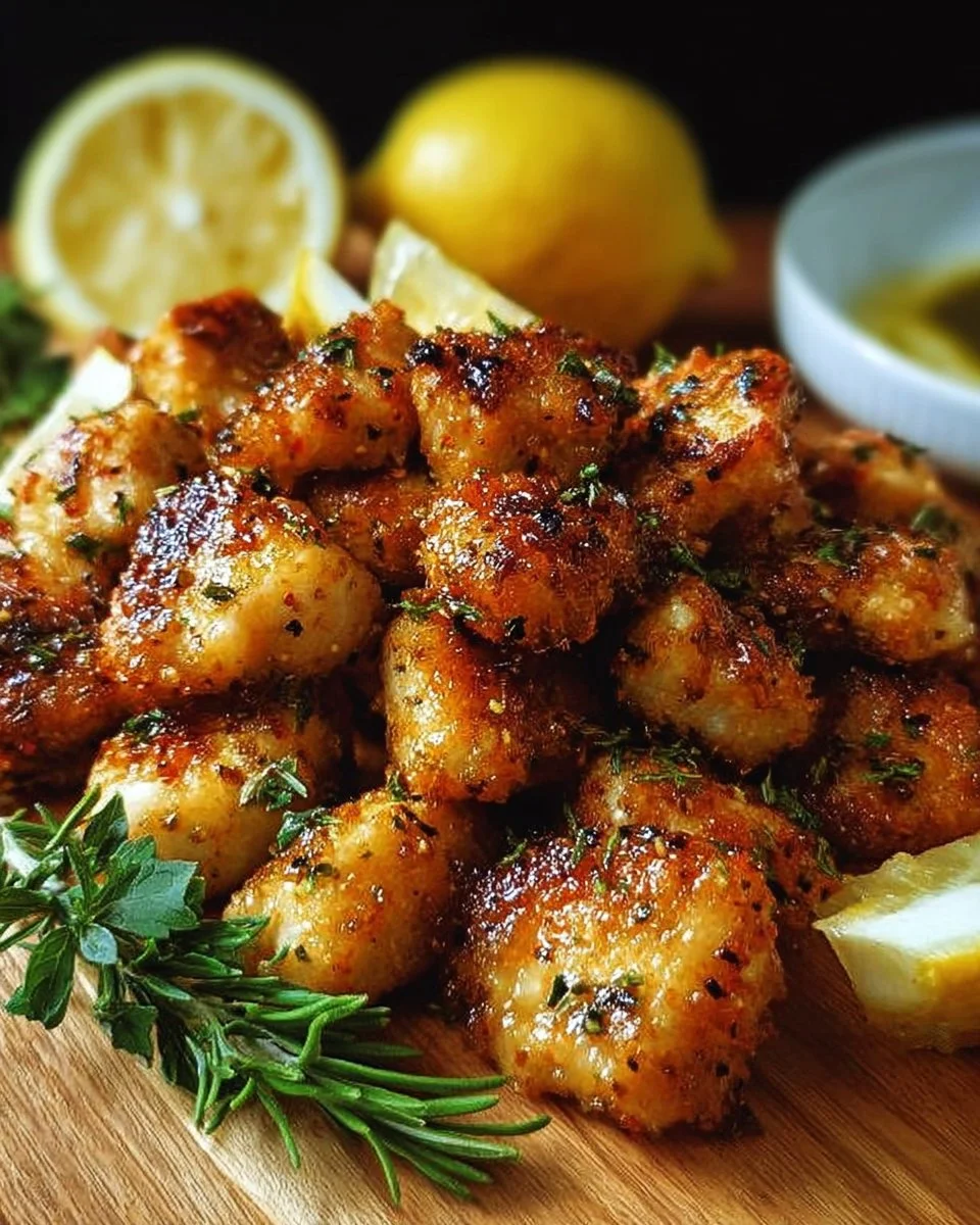 Crispy air fryer lemon chicken bites served on a plate with herbs.
