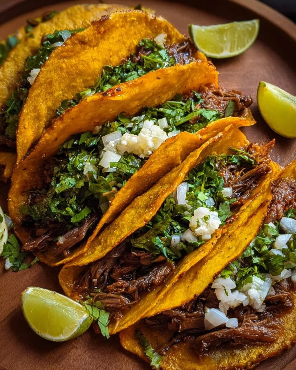 Delicious authentic birria tacos served with rich broth and fresh garnishes