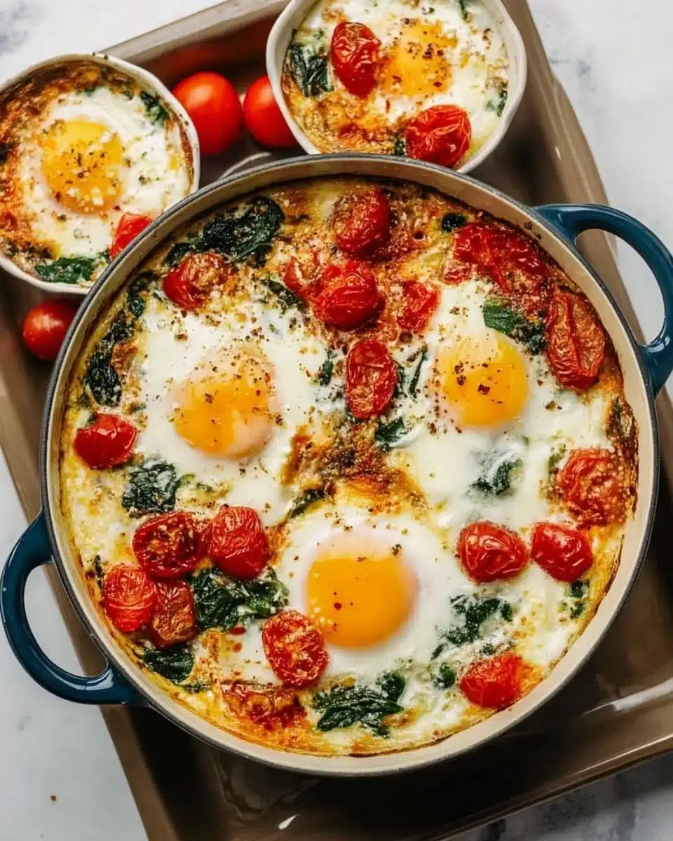 Baked feta eggs topped with tomatoes and spinach in a rustic dish.