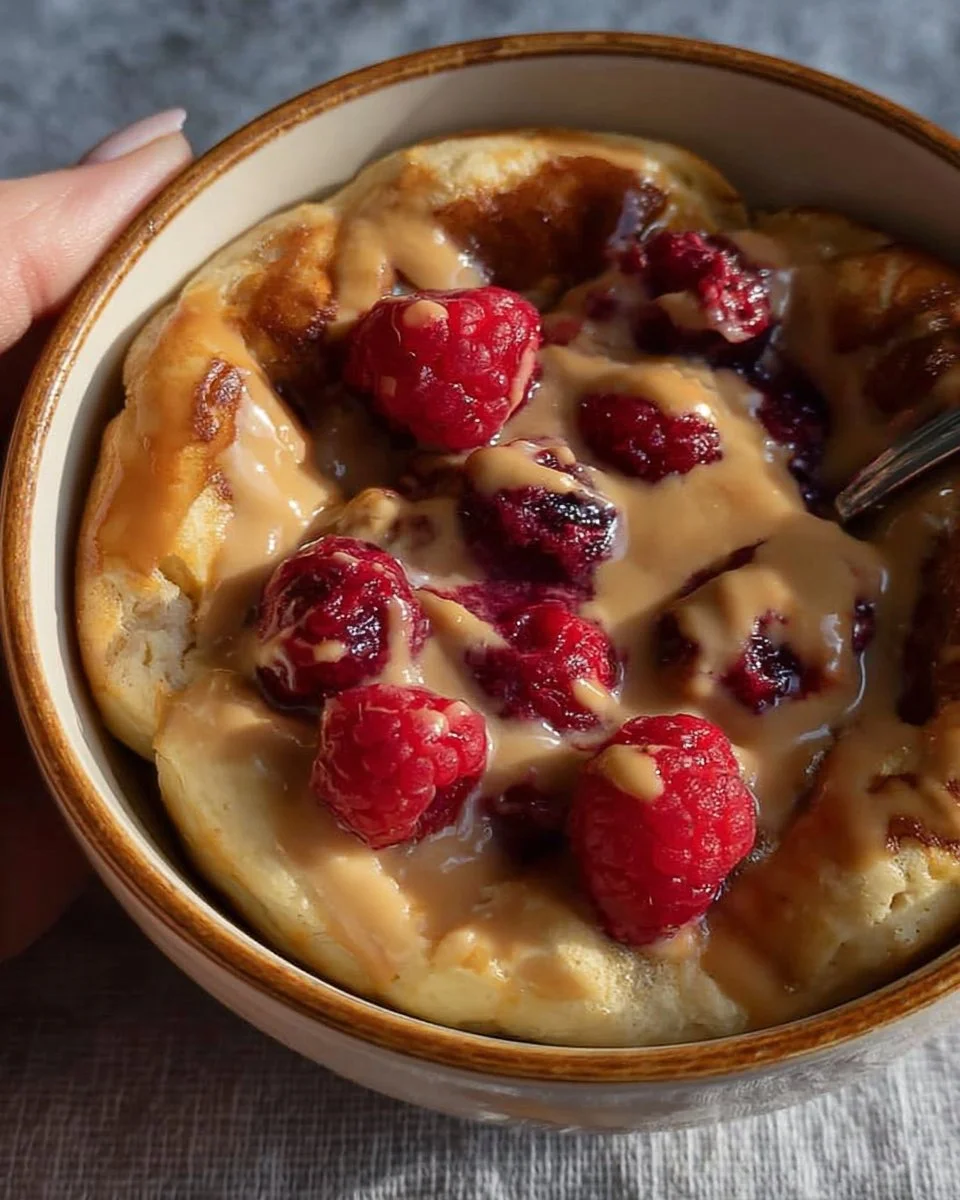 Baked protein pancake bowls topped with fresh fruit and nuts