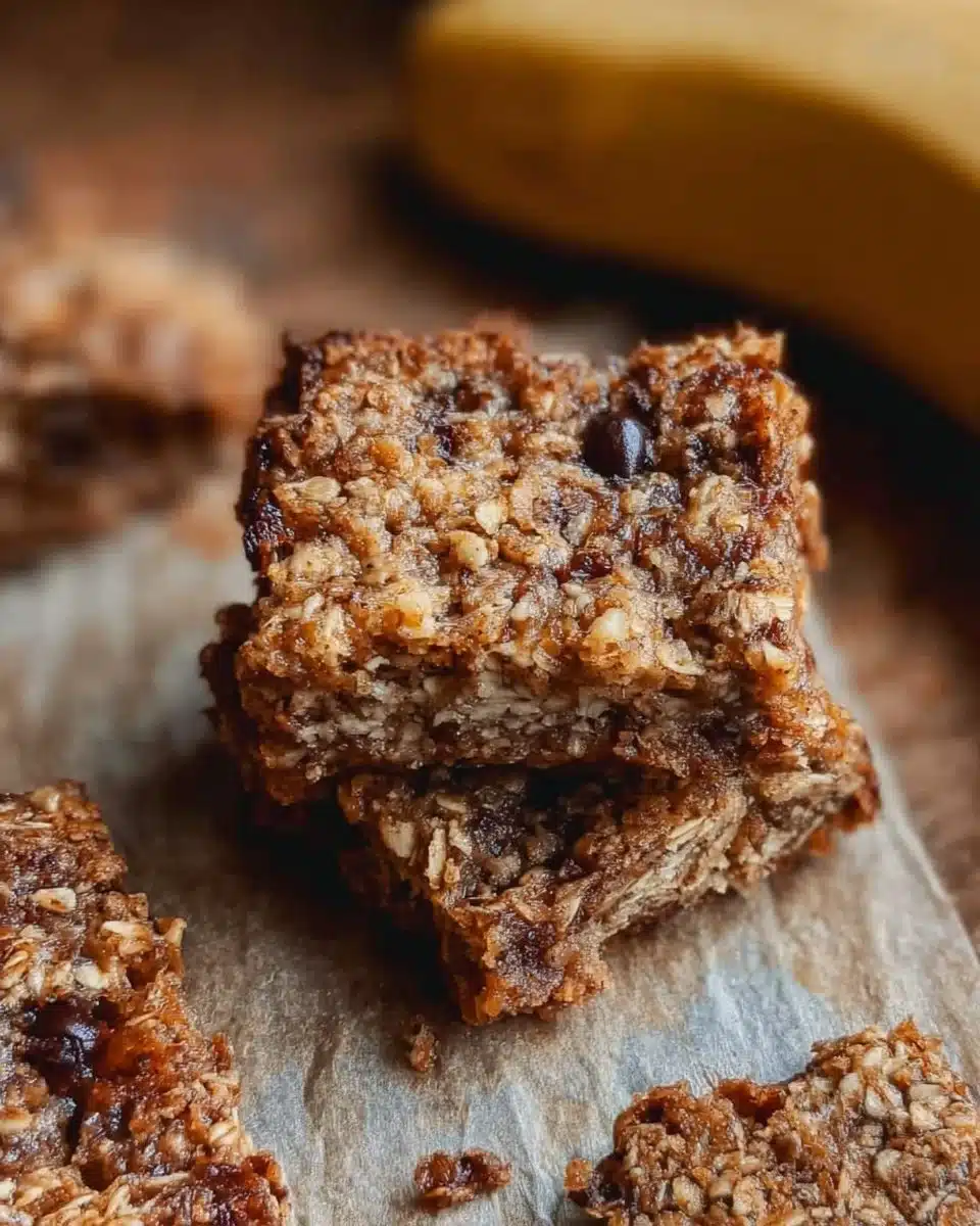 Delicious homemade banana oatmeal bars stacked on a plate.