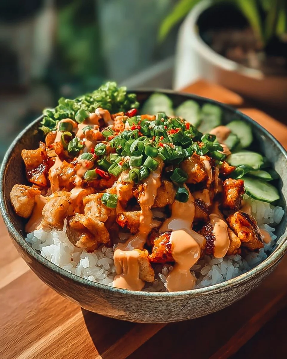 Bang Bang Chicken Bowl topped with vibrant vegetables and spicy sauce