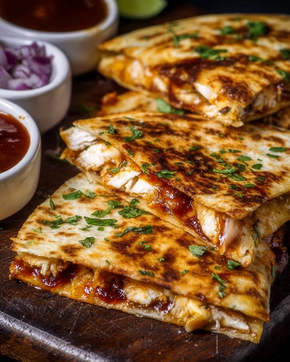 Delicious BBQ chicken quesadillas with melted cheese and toppings