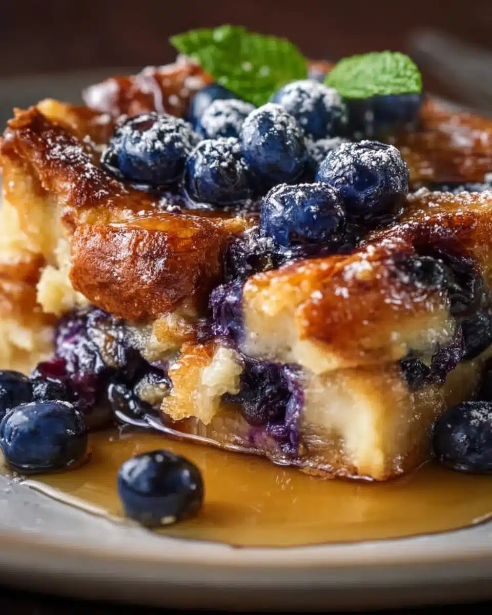 Blueberry Lemon French Toast Casserole baked and ready to serve
