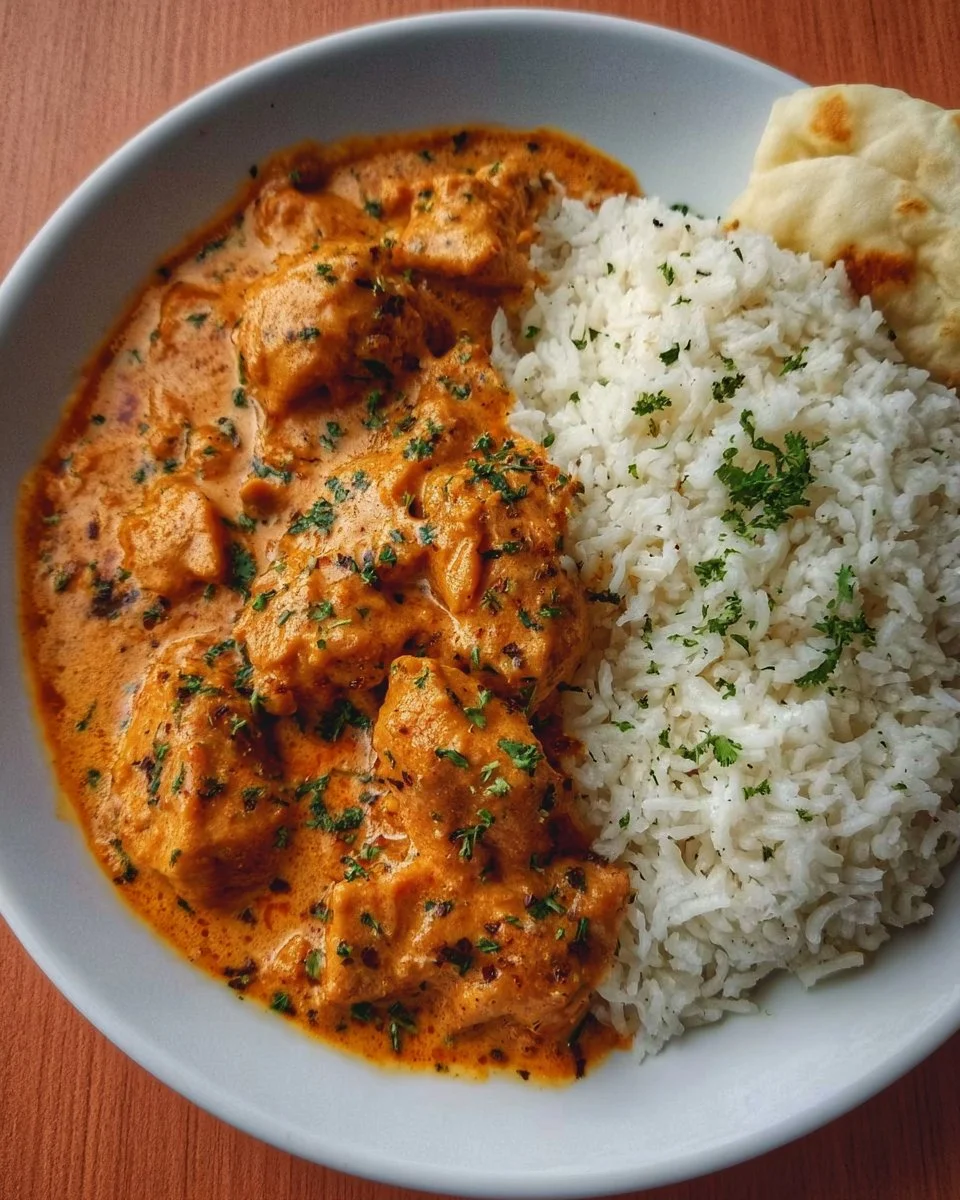 Delicious plate of butter chicken with creamy sauce and fragrant rice