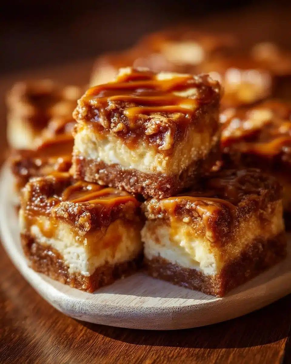 Delicious caramel apple cheesecake bars topped with caramel sauce and apple slices.