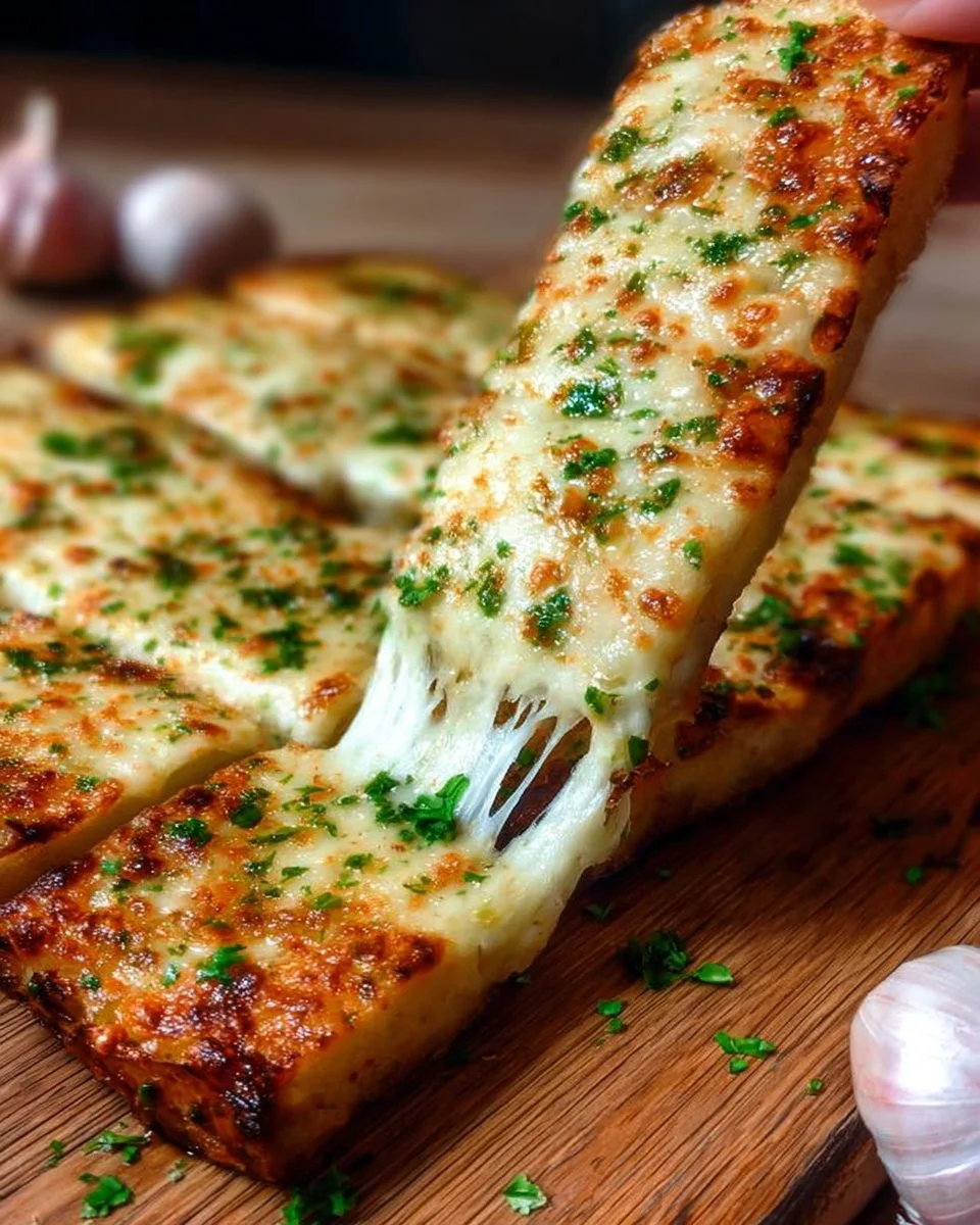 Delicious cheesy garlic bread, fresh out of the oven, topped with herbs and melted cheese.