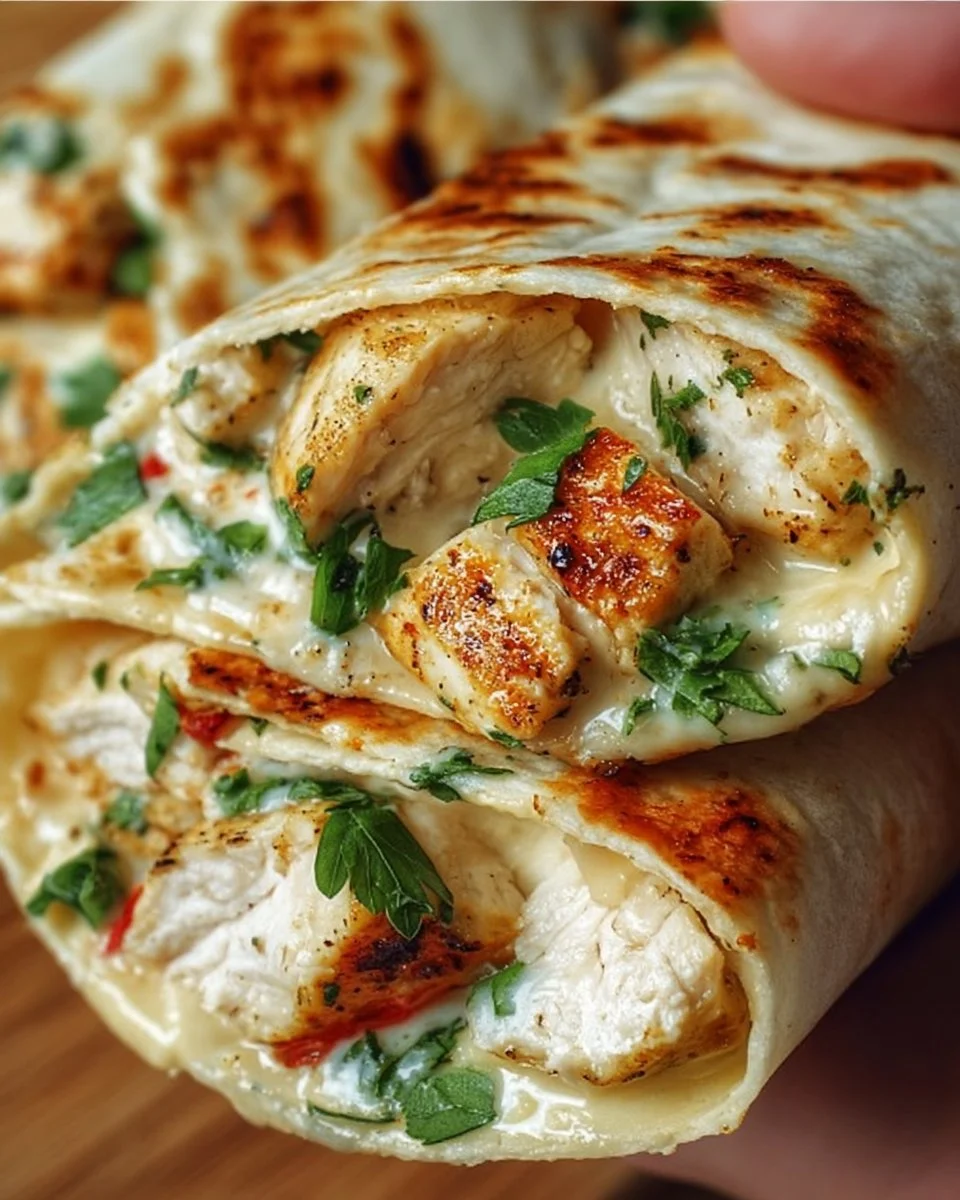 Cheesy garlic chicken wrapped in a tortilla with vibrant vegetables.