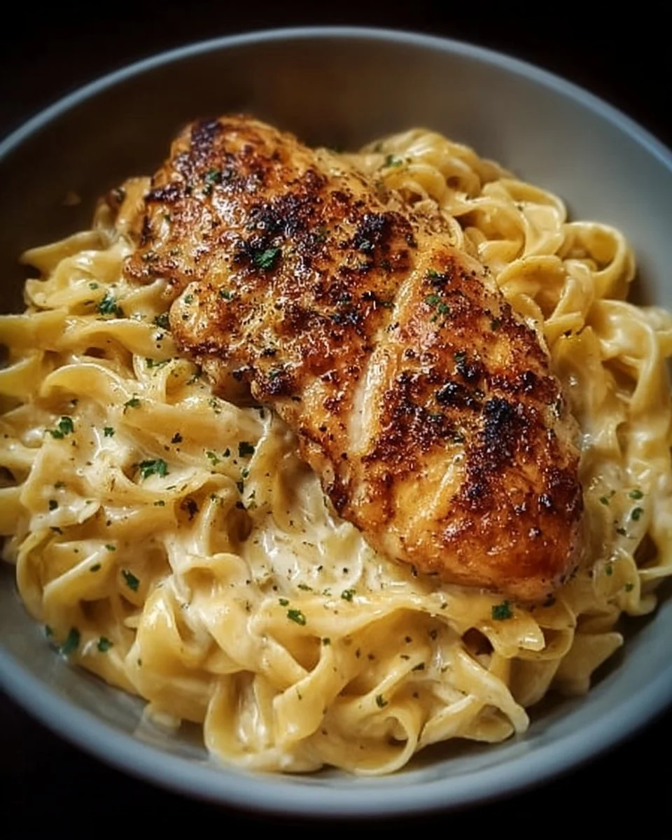 Plate of Chicken with Buttered Noodles garnished with herbs