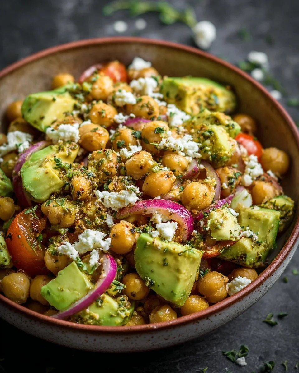 Chickpea Feta Avocado Salad with fresh ingredients in a bowl
