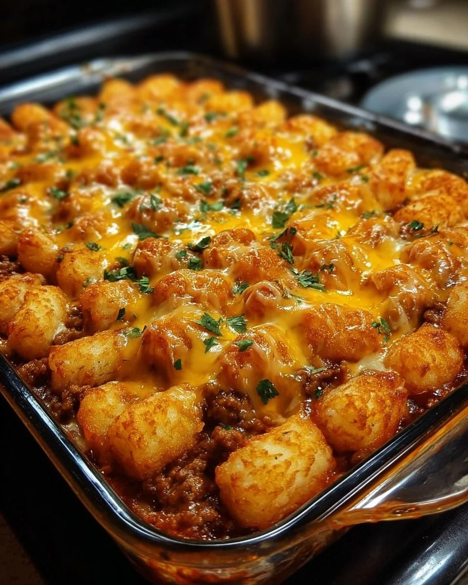 Delicious Chili Cheese Tater Tot Casserole topped with melted cheese and chili