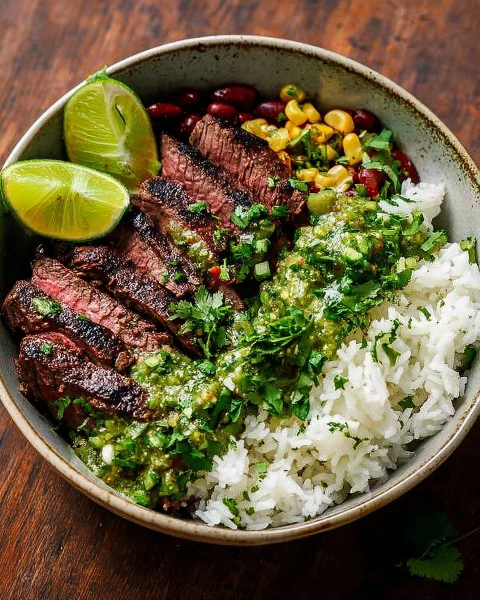 Cilantro Lime Steak Bowls with steak, vegetables, and lime garnish