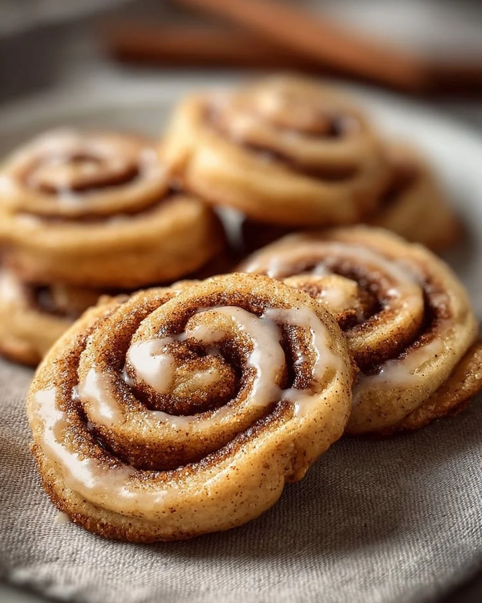 Freshly baked cinnamon roll cookies topped with icing on a cooling rack.