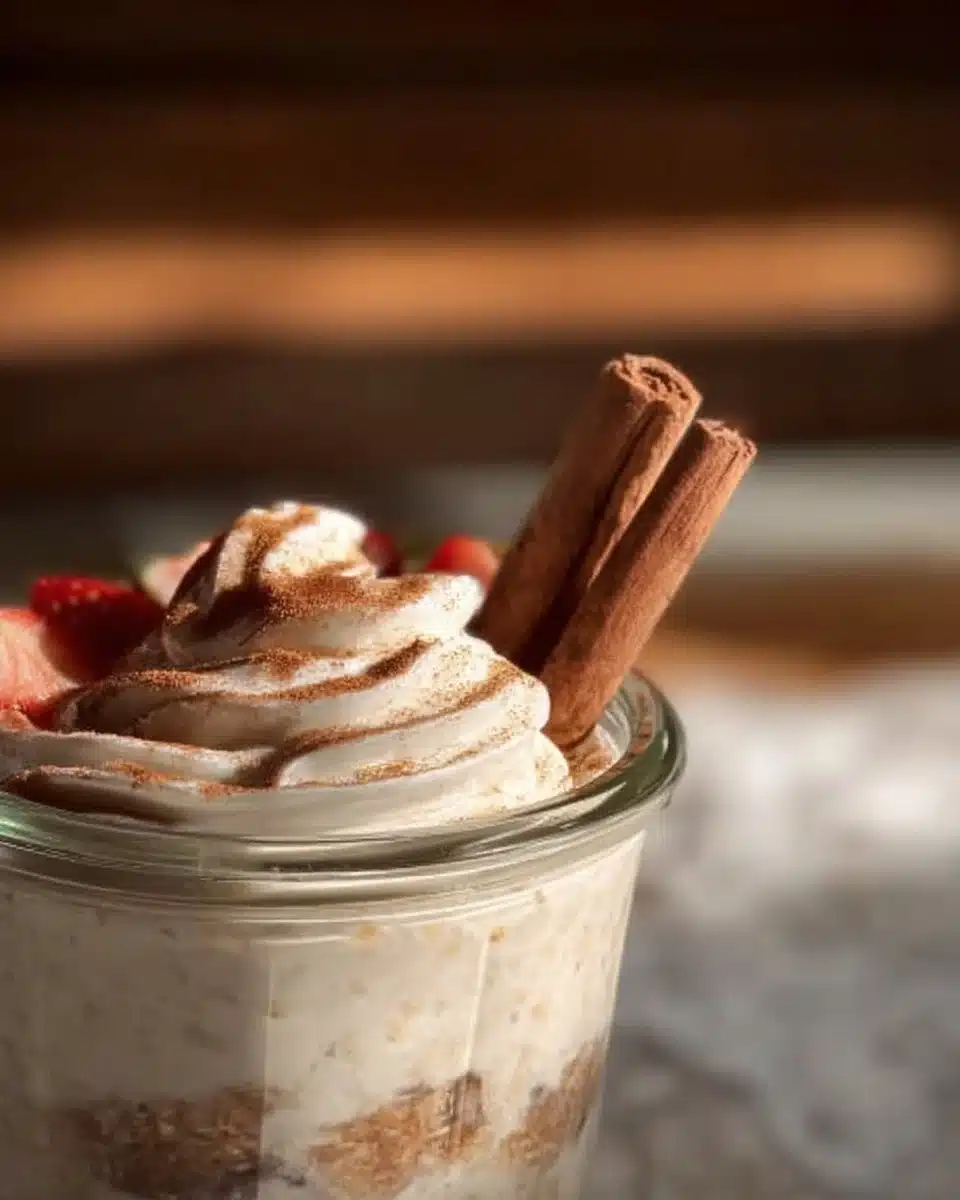 Delicious cinnamon roll overnight oats served in a bowl with toppings