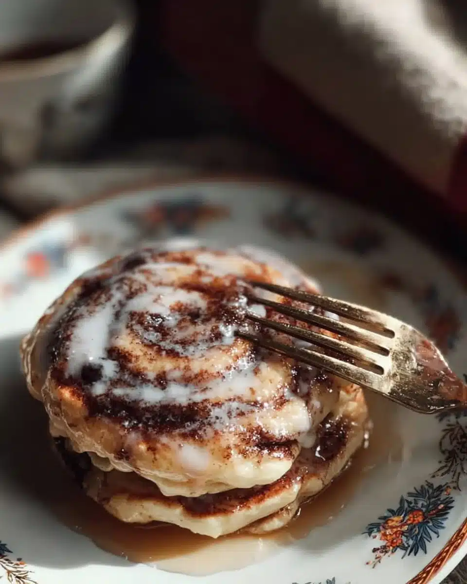 Fluffy cinnamon roll pancakes with drizzled frosting
