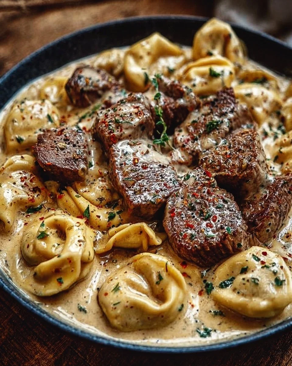 Delicious Cracked Garlic Steak Tortellini in creamy sauce