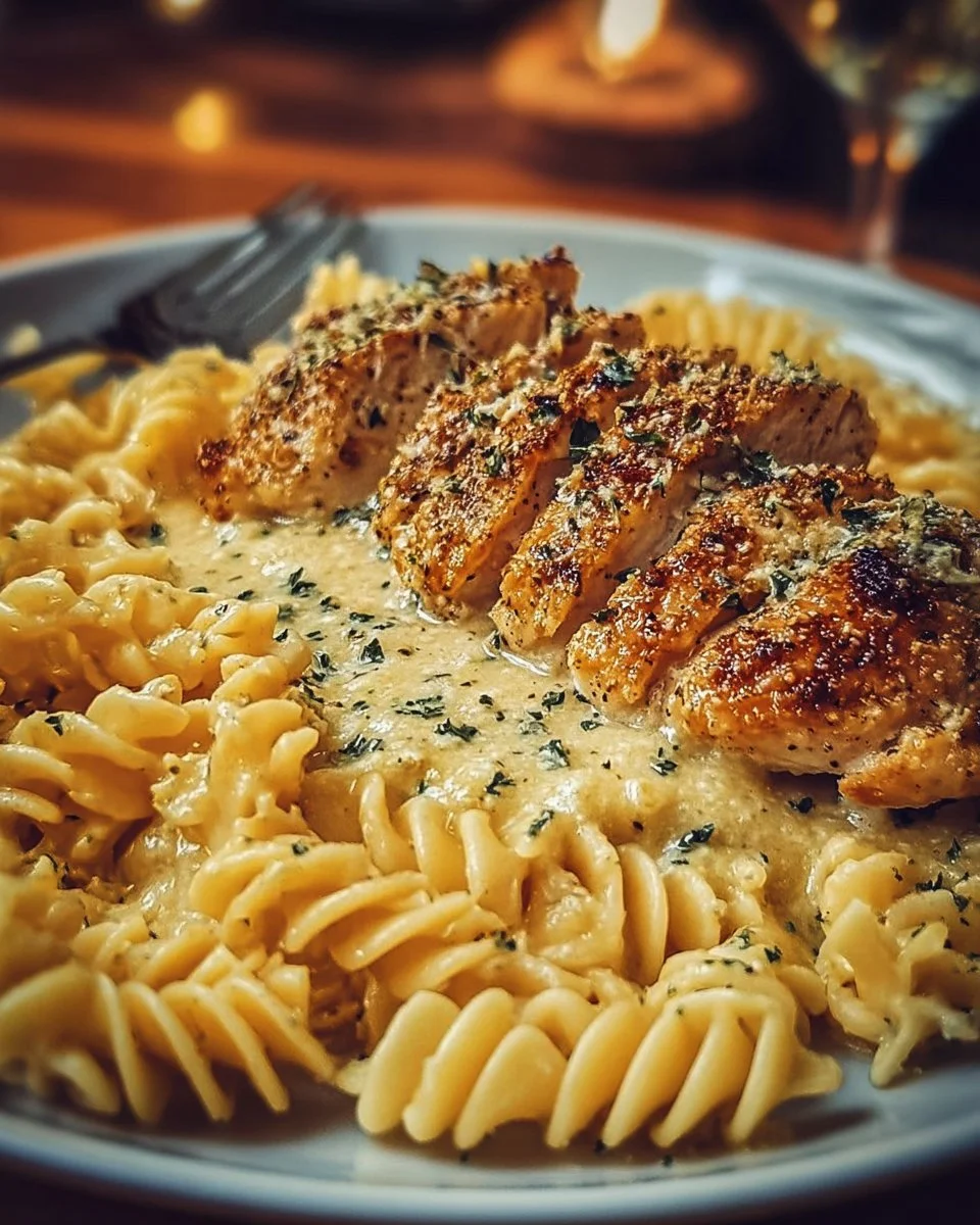 Creamy garlic parmesan chicken with cheesy twisted pasta served on a plate