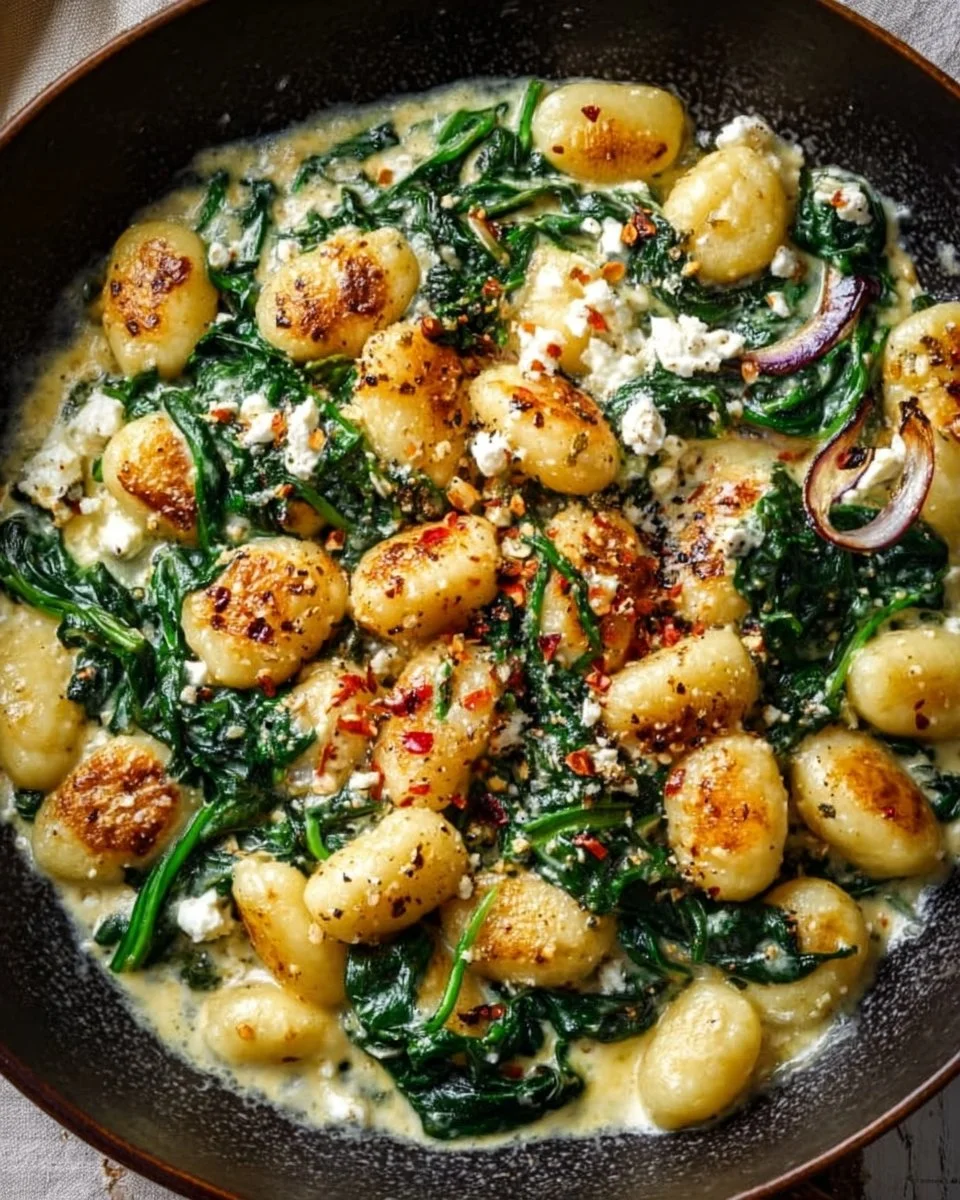 Creamy gnocchi served with spinach and feta cheese in a white sauce