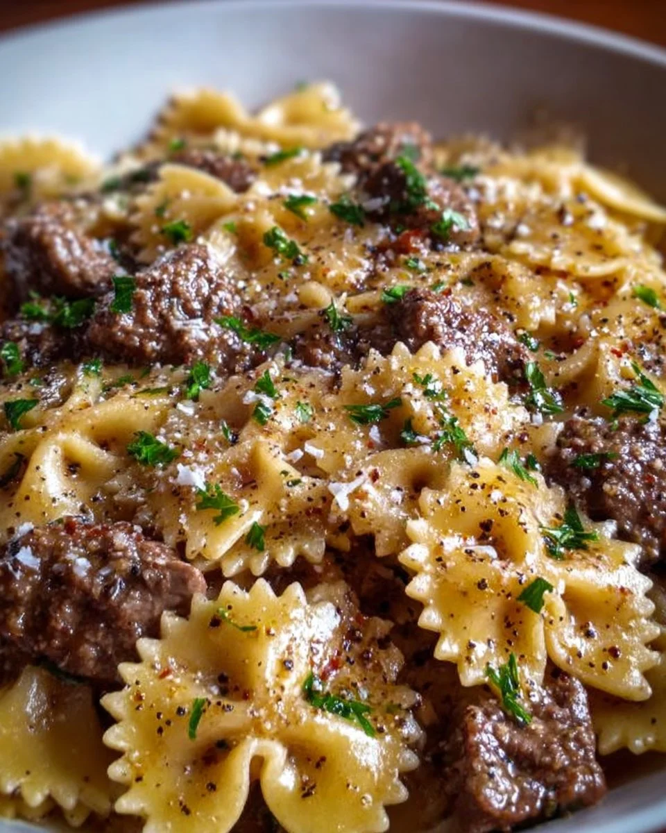 Plate of creamy Parmesan Garlic Beef Bowtie Pasta garnished with herbs