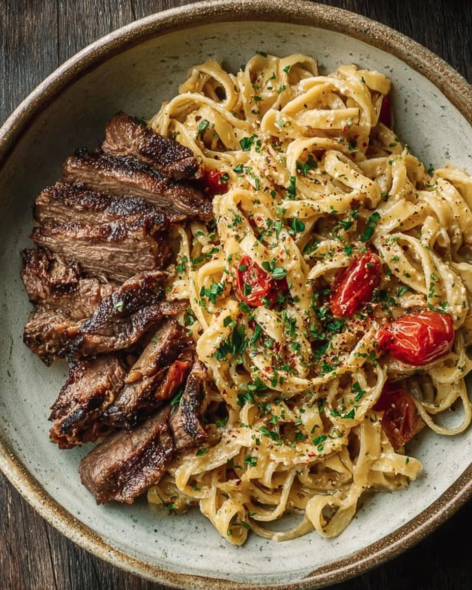 Creamy ribeye steak pasta served in a bowl garnished with herbs.