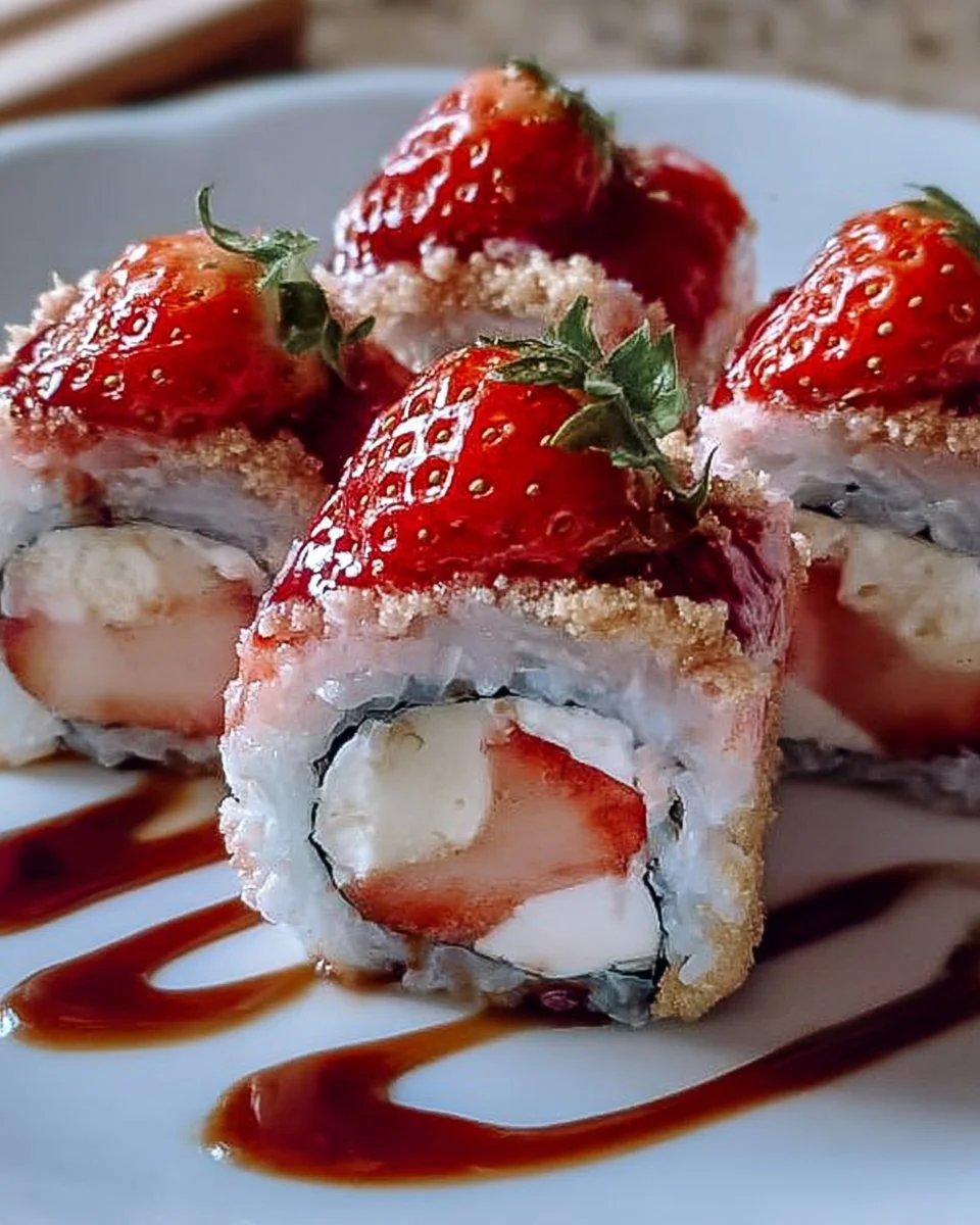 Creative strawberry shortcake sushi roll dessert with strawberries and whipped cream.