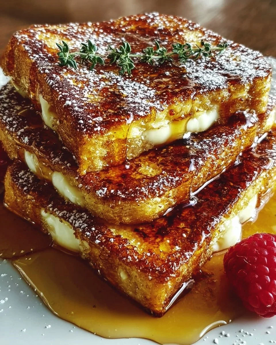 Delicious Crème Brûlée French Toast topped with caramelized sugar.