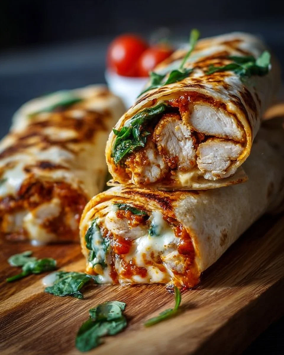 Crispy air fryer chicken wraps with melted mozzarella cheese