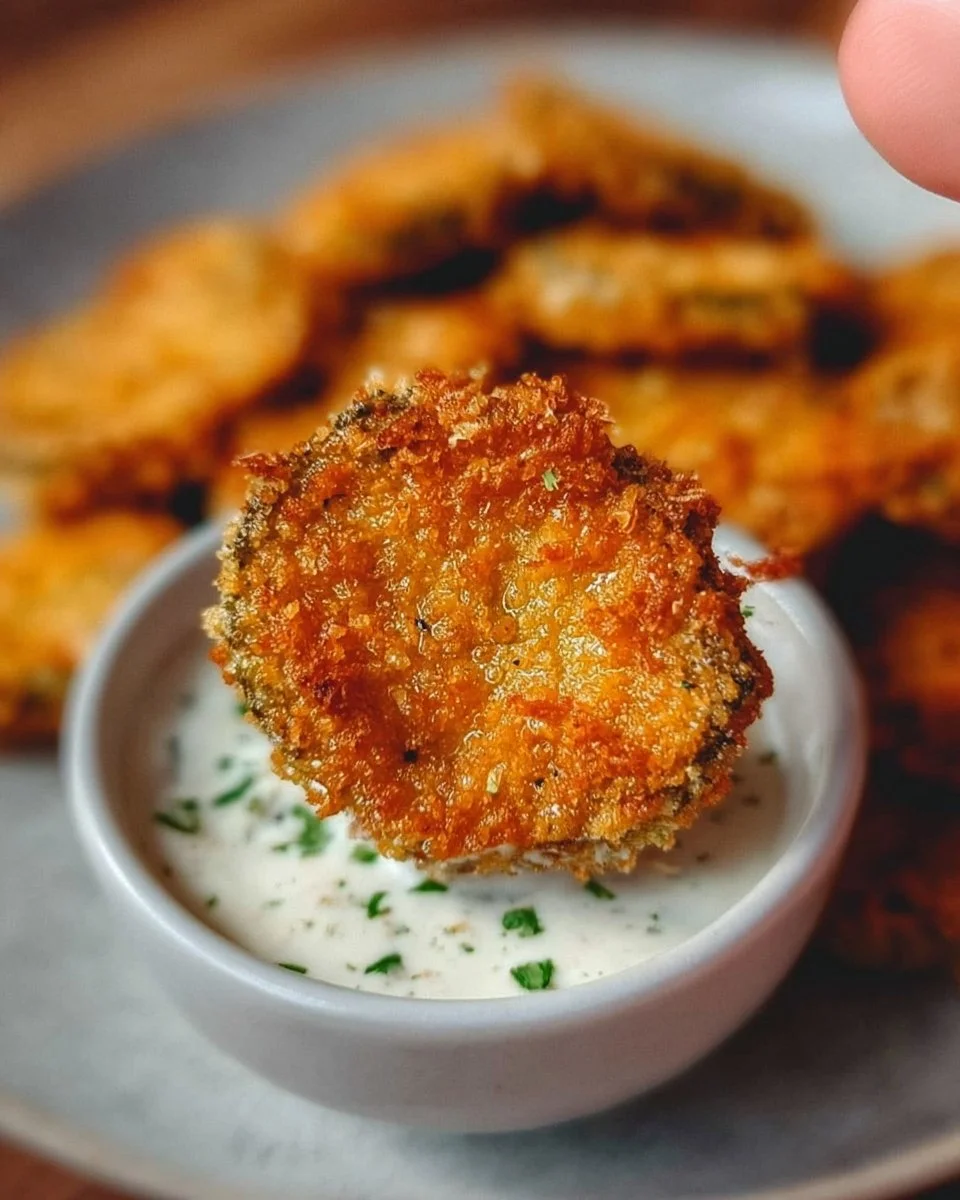 Plate of crispy air fryer fried pickles served with dipping sauce