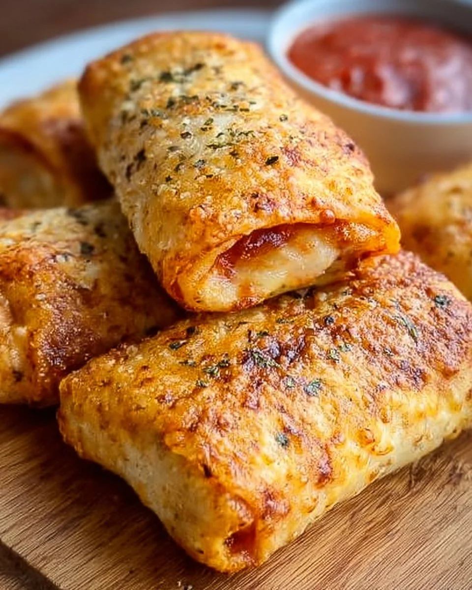 Crispy air fryer pizza rolls served on a plate with dipping sauce.