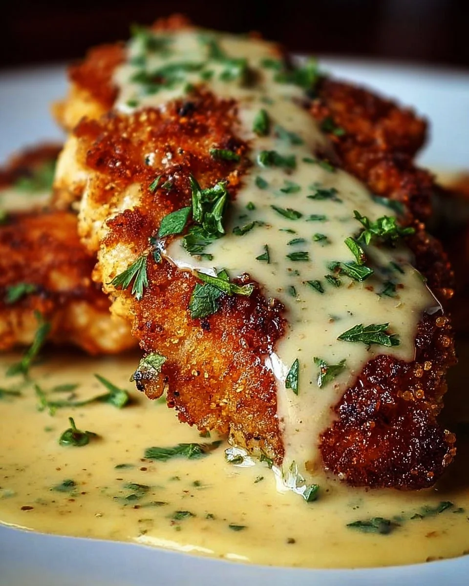 Crispy Parmesan chicken served with a rich garlic sauce on a plate.