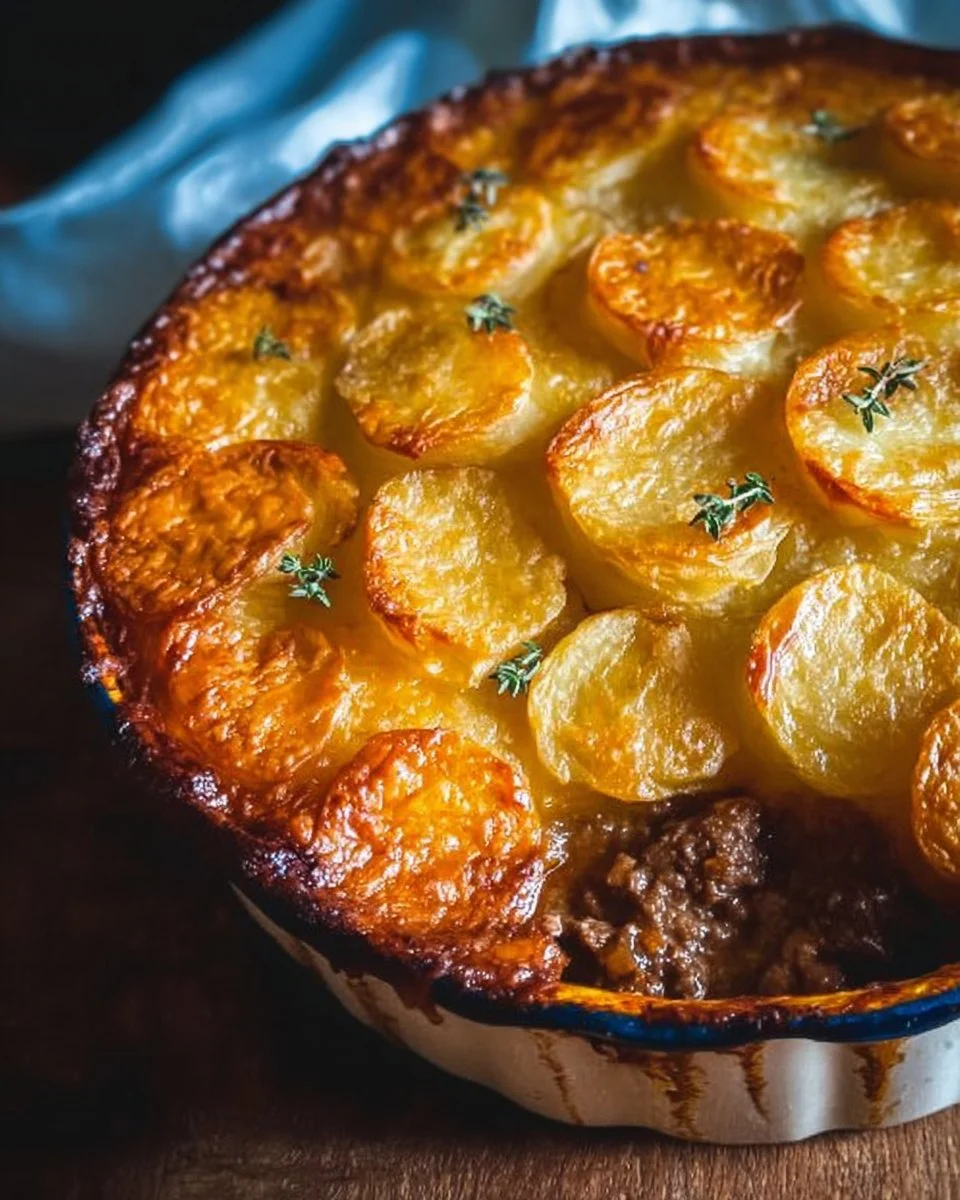 Crispy Potato Topped Beef Pie served on a plate with garnish