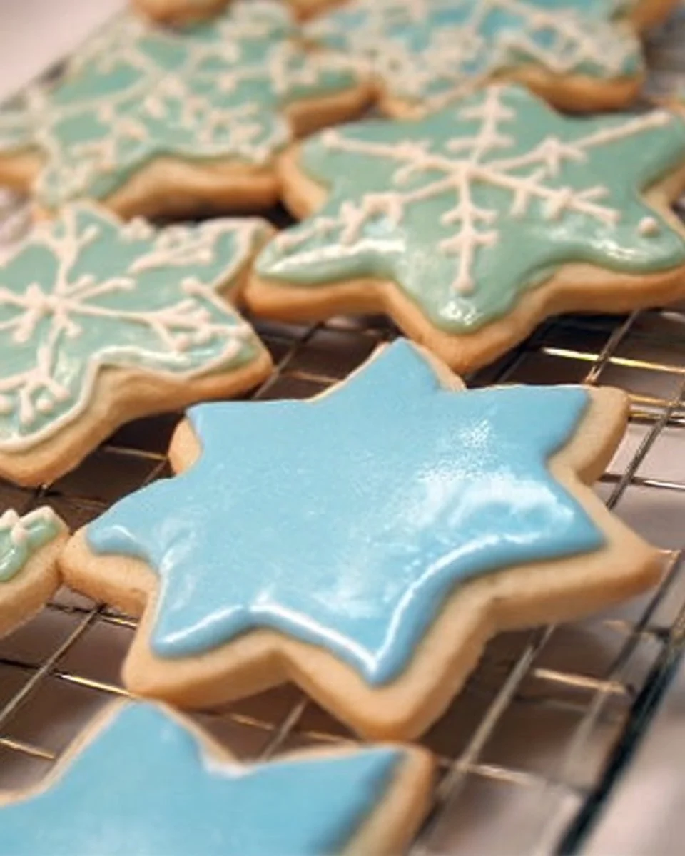 Beautiful decorative sugar cookie icing designs on freshly baked cookies.