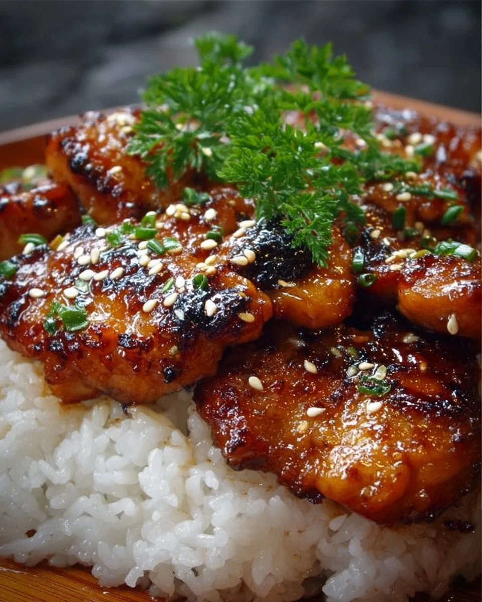 Delicious honey garlic chicken garnished with fresh herbs on a plate.