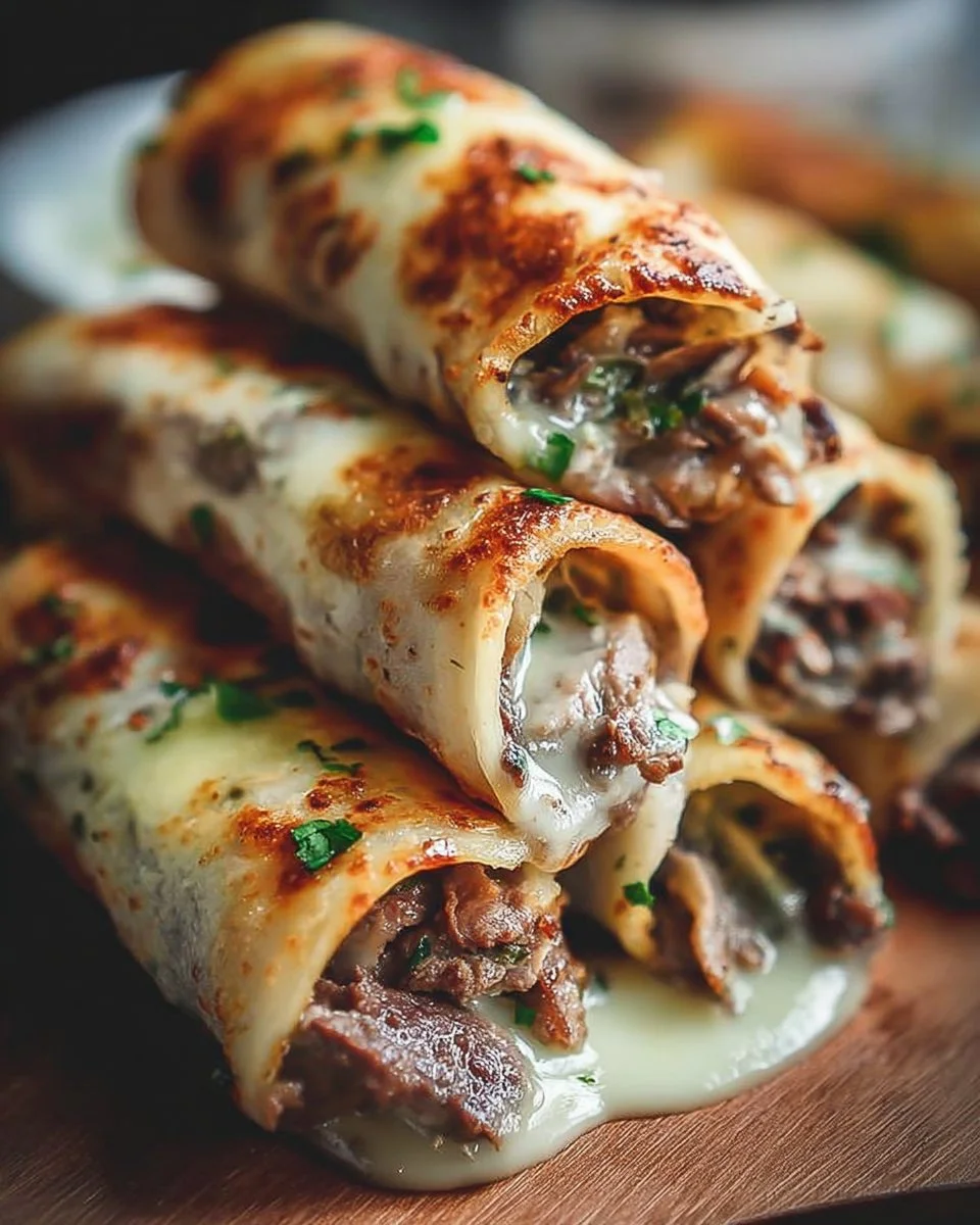 Keto Philly Cheesesteak Roll-Ups served on a plate with toppings